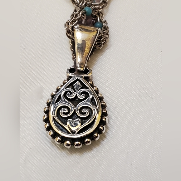 .925 STERLING SILVER 4 STRAND CHAIN WITH STONES AND TURQUOISE PENDANT W/ ACCENTS - Picture 8 of 13